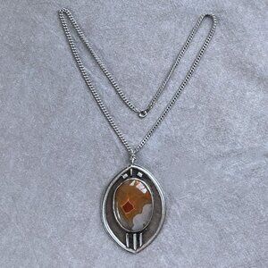 OOAK Natural Banded Agate Gemstone, Silver Pendant, cuban chain, unmarked